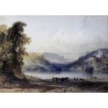 WILLIAM CALLOW, RWS (1812-1908) PASTORAL SCENE BY A LAKE, HILLS BEYOND Signed and indistinctly