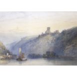 WILLIAM CALLOW, RWS (1812-1908) BARGES ON A RIVER BENEATH CASTLE RUINS (RHINE?) Signed and dated
