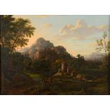 FOLLOWER OF JAN FRANS VAN BLOEMEN, `ORRIZONTE` (1662-1749) FIGURES NEAR BUILDINGS IN AN ITALIANATE