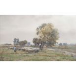 CLAUDE HAYES (1852-1922) TENDING SHEEP ON A HEATH Signed, watercolour 27 x 42.5cm.; with a