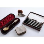 A MIXED LOT:- A cased set of four bridge pencils, a cased commemorative tea spoon, an Edwardian