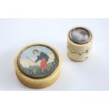 AN EARLY 19TH CENTURY CIRCULAR IVORY BOX with a tortoiseshell lining, the cover painted with a boy