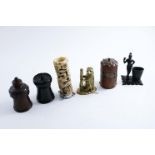 THREE TURNED WOODEN "GO-TO-BED" VESTA HOLDERS an iron vesta holder/striker in the form of a Knight