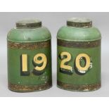PAIR TOLEWARE TINS AND COVERS, green-painted with stencilled numbers '19' and '20' and banded
