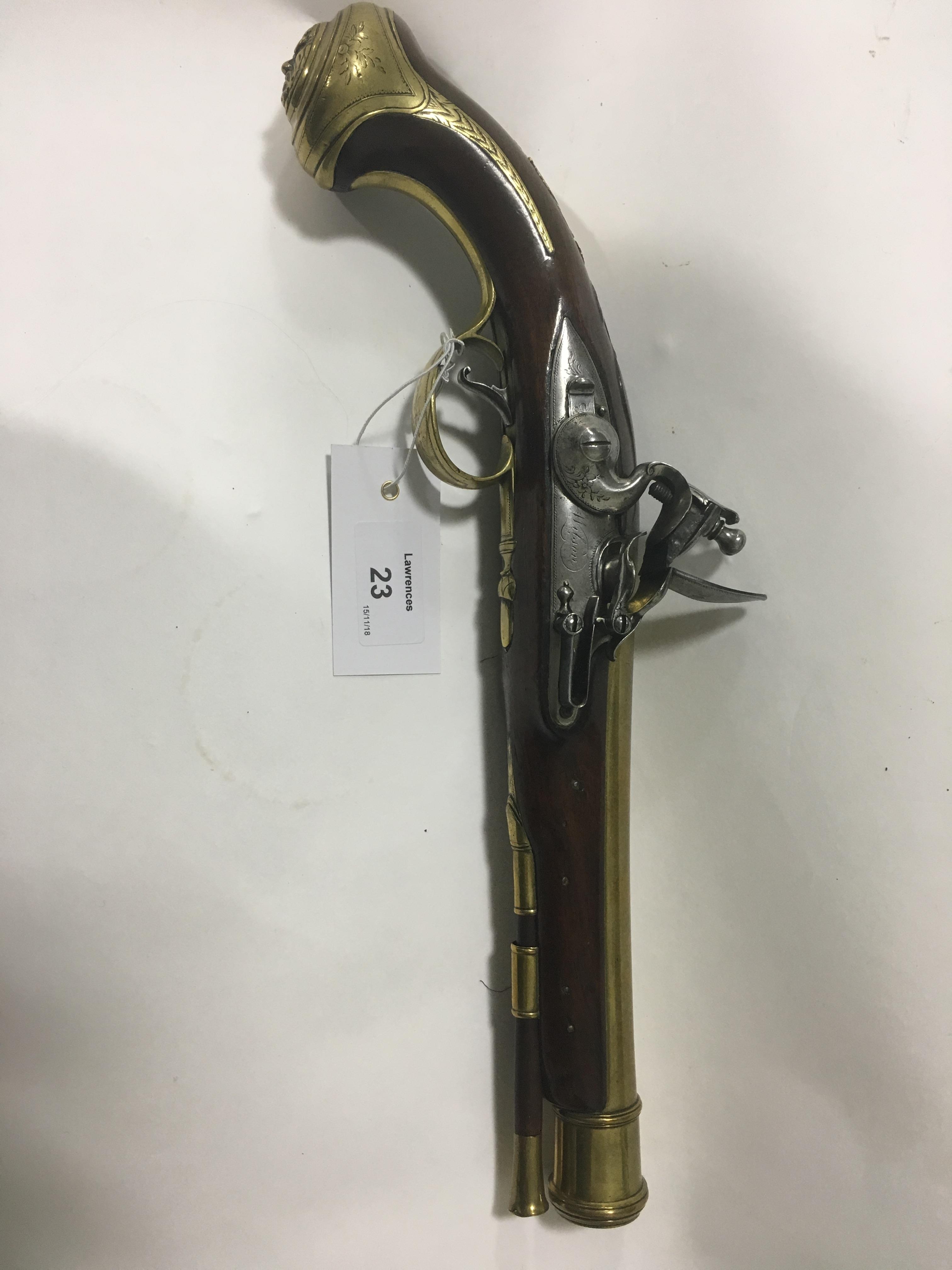 AN R WILSON FLINTLOCK PISTOL. A brass barrelled Flintlock Blunderbuss pistol, by Richard Wilson of - Image 2 of 10