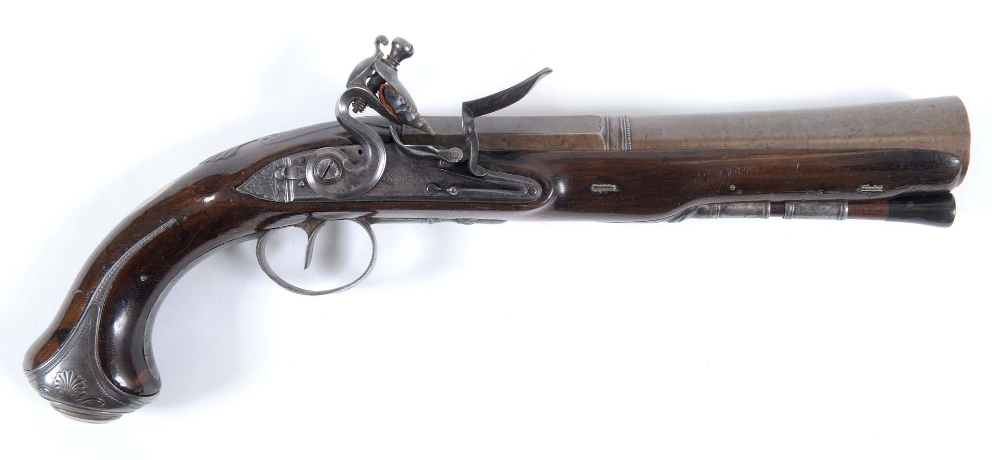 A BLUNDERBUSS PISTOL BY H MORTIMER. A Flintlock steel barrelled Blunderbuss pistol, made during