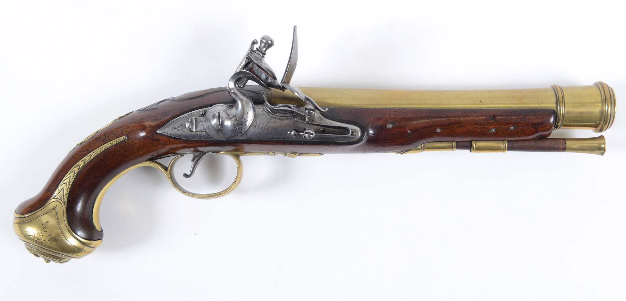 AN R WILSON FLINTLOCK PISTOL. A brass barrelled Flintlock Blunderbuss pistol, by Richard Wilson of