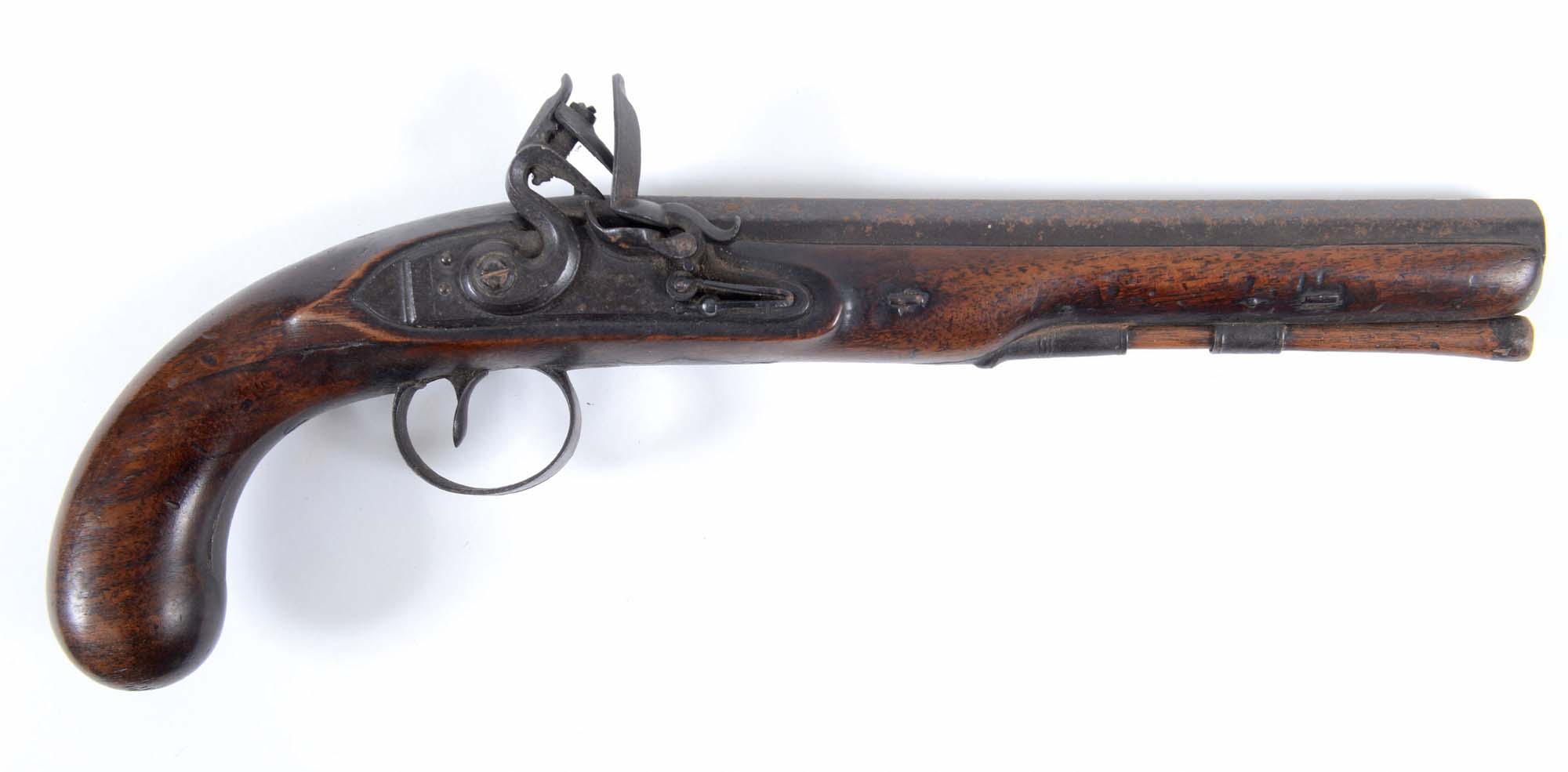 A FLINTLOCK HOLSTER PISTOL. Both action with indistinct makers name, and mounts are of steel