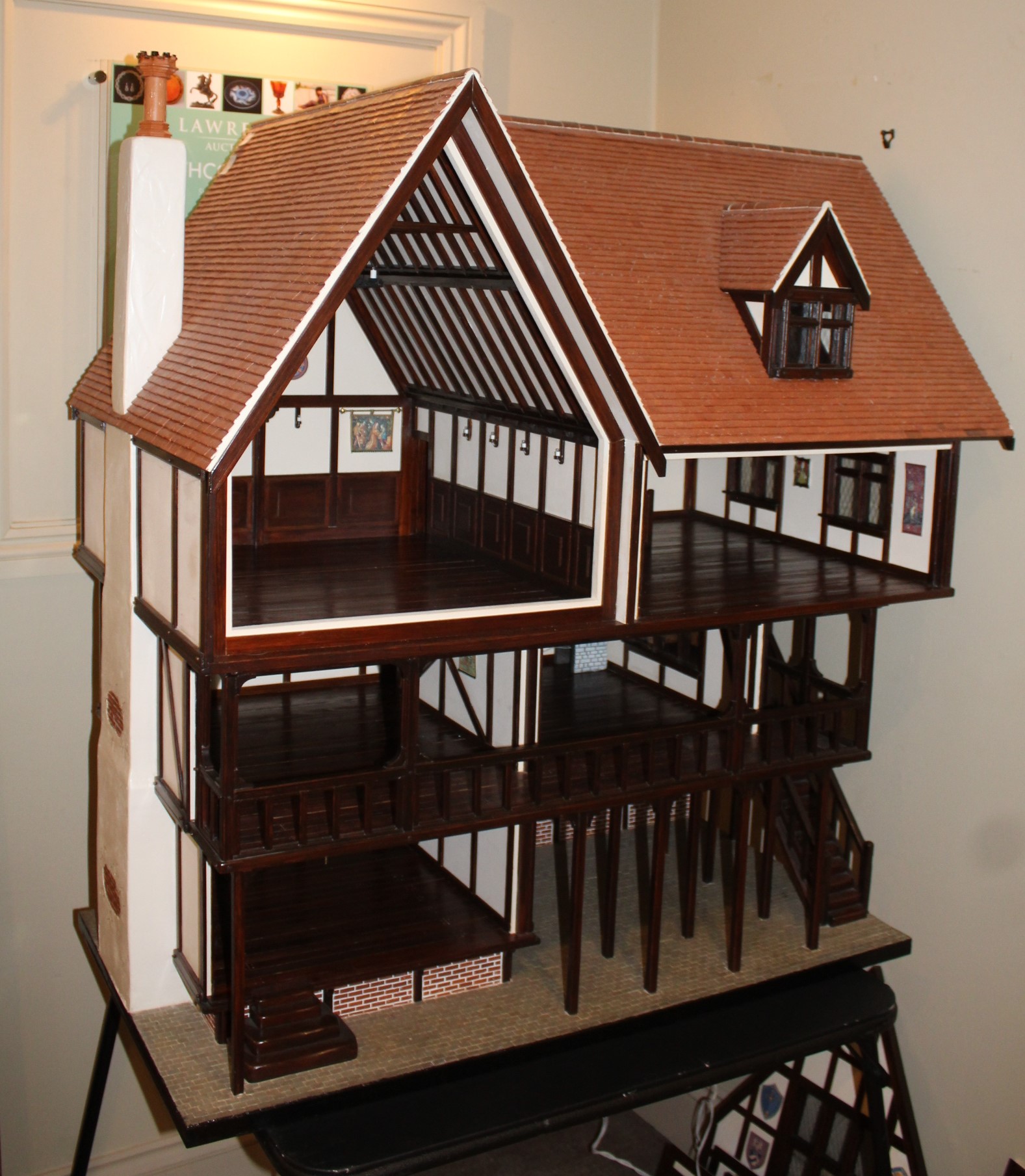 TUDOR STYLE MODERN DOLLS HOUSE & CONTENTS a modern 3 storey wooden dolls house in the Tudor style, - Image 3 of 11