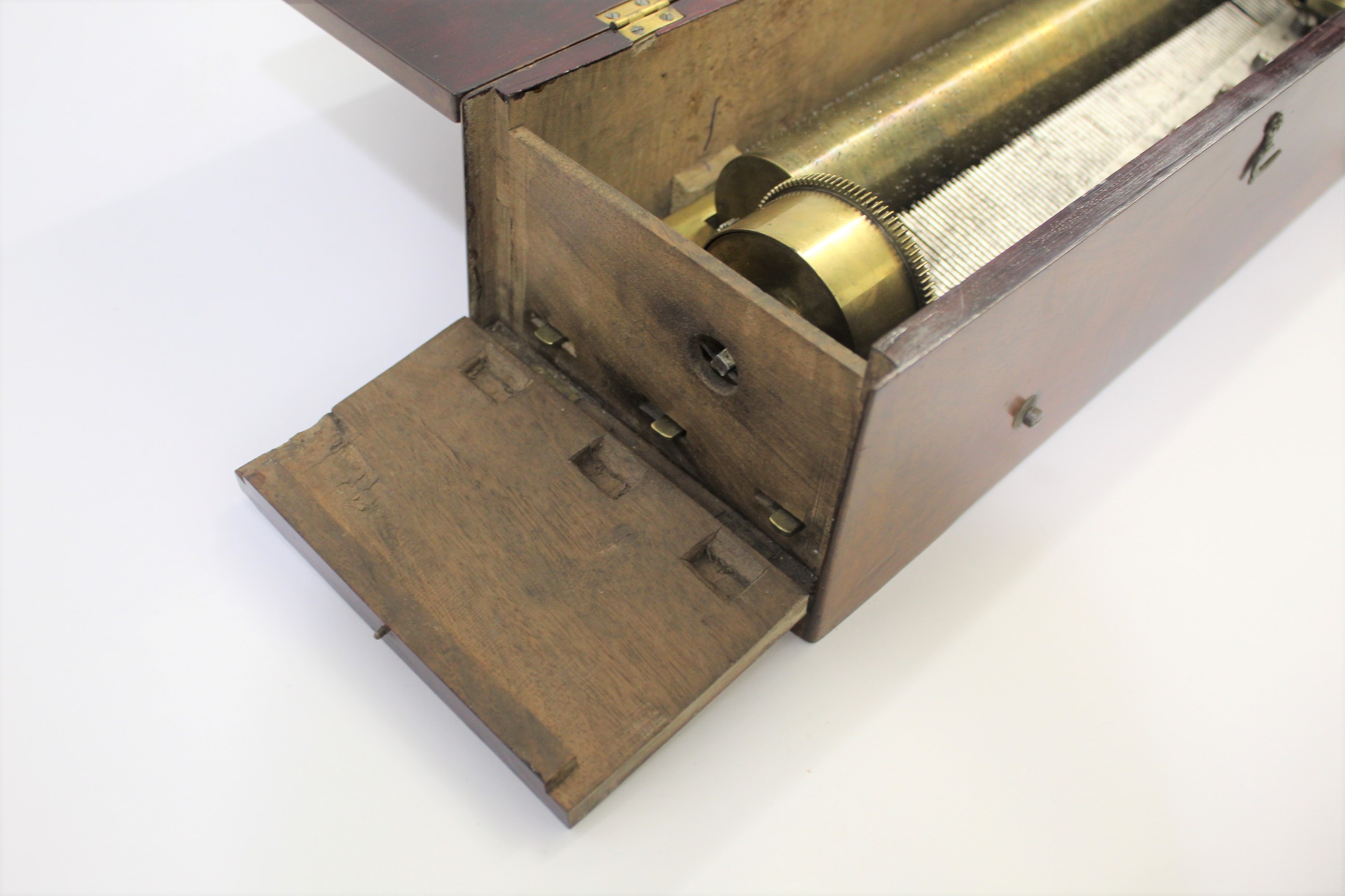 19THC MUSICAL BOX - 6 AIRS a musical box with a fold down flap on one side, to reveal 3 brass levers - Image 6 of 9