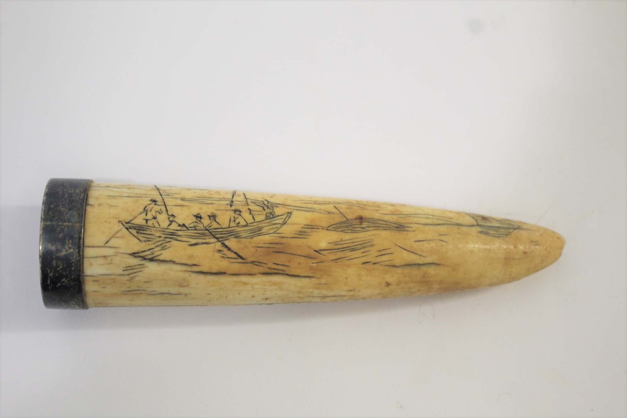 SCRIMSHAW - SILVER MOUNTED CARVED TUSK probably a Walrus tusk, carved on one side with a Sailing - Image 2 of 5