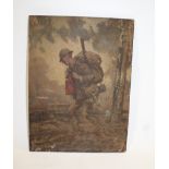 WW1 SIGNED MILITARY PAINTING OF A SOLDIER an oil on board of a Soldier walking through a