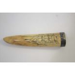 SCRIMSHAW - SILVER MOUNTED CARVED TUSK probably a Walrus tusk, carved on one side with a Sailing