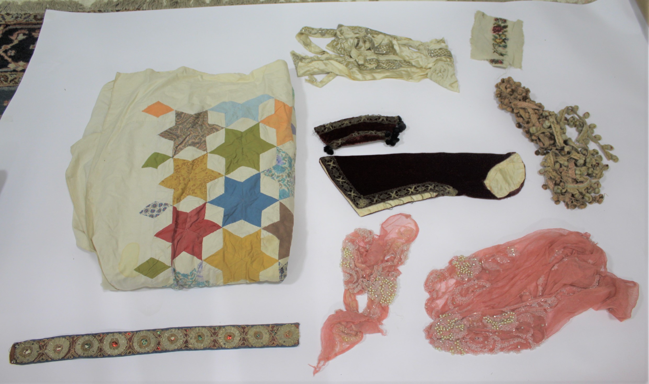 PATCHWORK COVER, COSTUME & TRIMMINGS including a early 20thc patchwork coverlet, a qty of 19thc