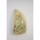 19THC SCRIMSHAW a Whale's tooth carved with a Ship on water and titled Swift on one side, the