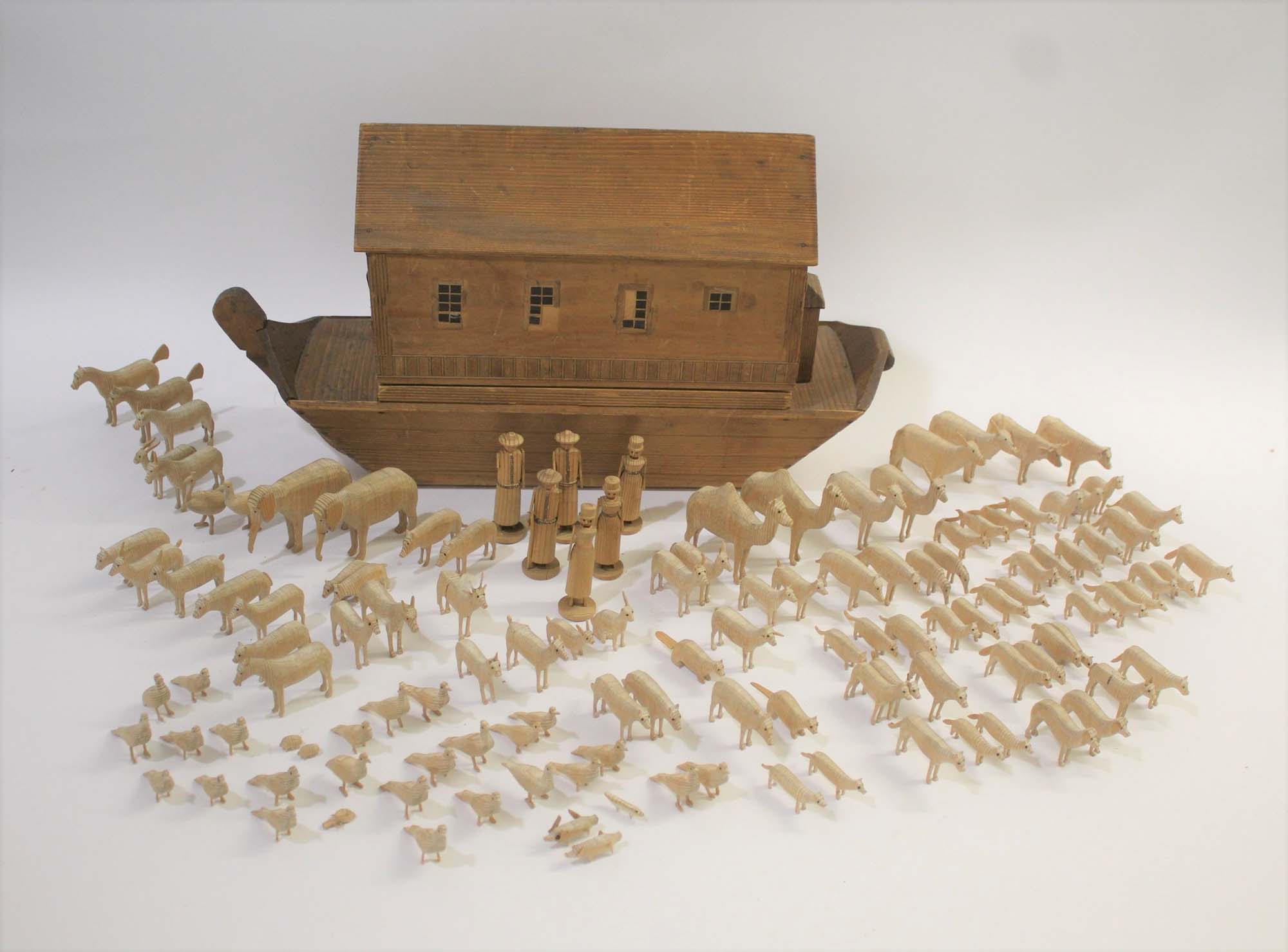 19THC NOAH'S ARK & ANIMALS a German pine Noah's Ark with a sliding opening on one side, probably