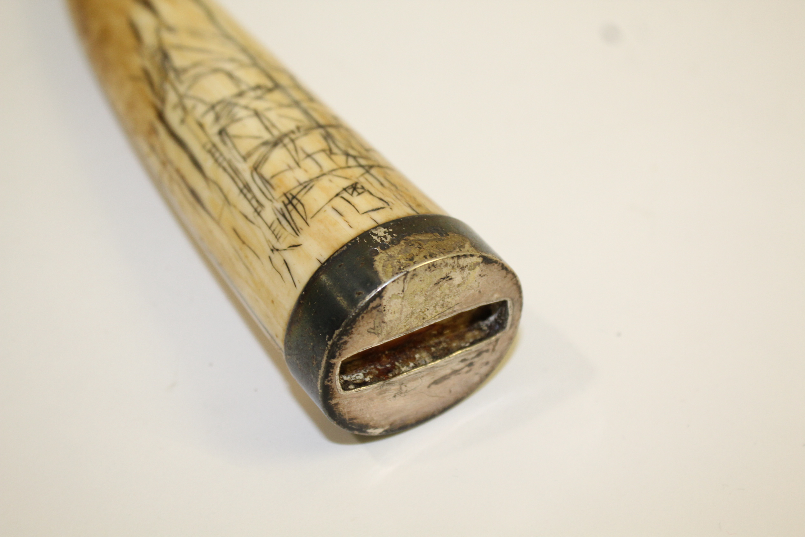 SCRIMSHAW - SILVER MOUNTED CARVED TUSK probably a Walrus tusk, carved on one side with a Sailing - Image 3 of 5