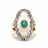 Two Color 18KT Gold, Rock Crystal, Emerald, and Diamond Ring