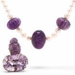 18KT Gold Carved Amethyst and Pearl Necklace and Carved Amethyst and Diamond Brooch