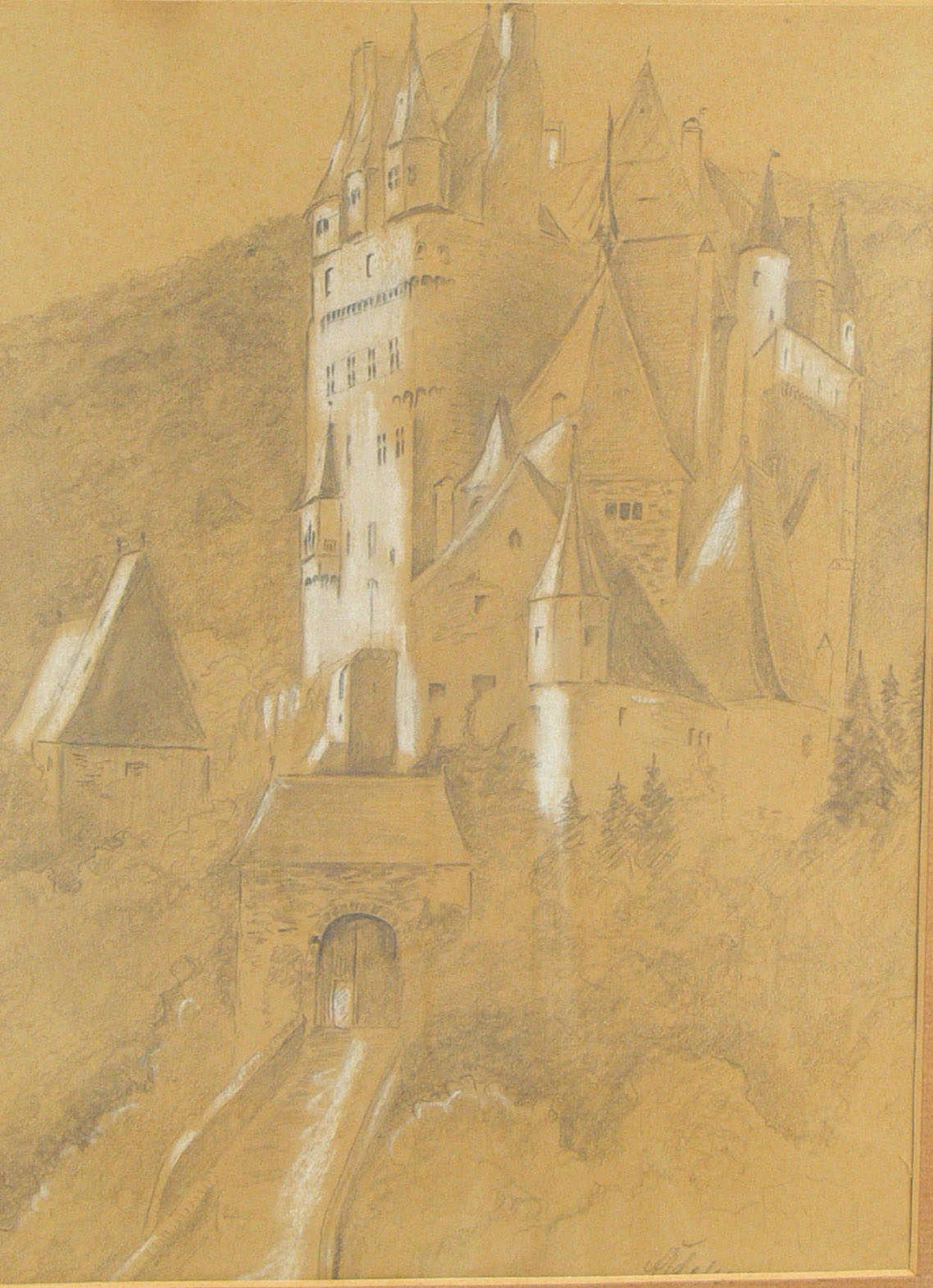 Adelmann, Kreide- und Bleistiftzeichnung , " Blick auf die Burg", Signatur rechts unten, H. ca. 22,5
