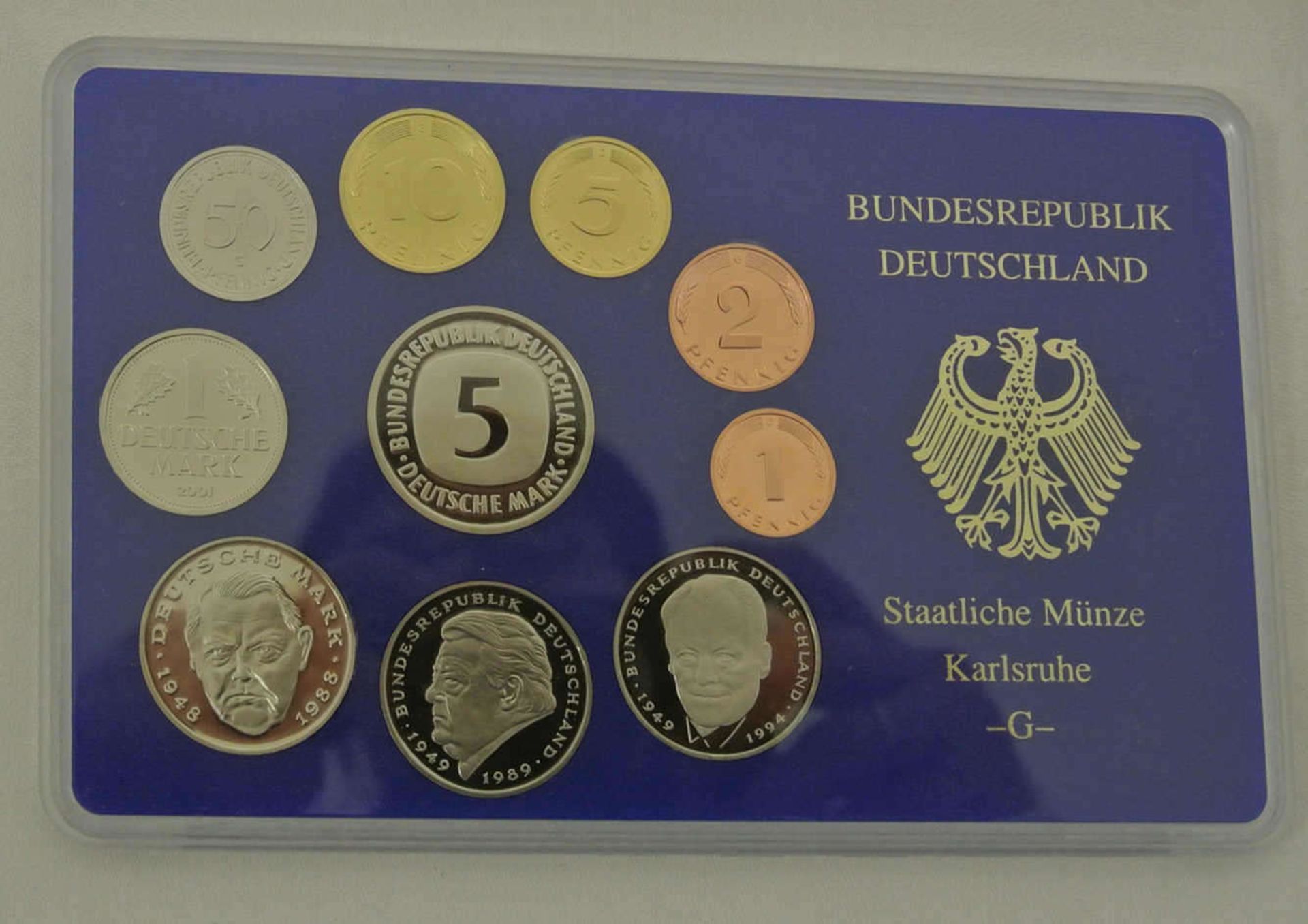 BRD Kursmünzsätze, 2001 A-J, in polierter Platte. 1 Pfennig - 5 DM BRD course coin sets, 2001 A-J, - Bild 2 aus 2