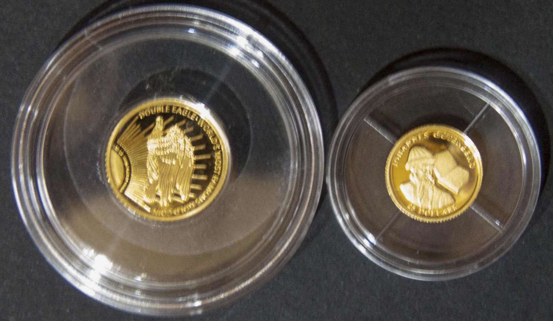 Liberia 2002/2005, 2 x "Die kleinsten Goldmünzen der Welt": 1 x 2002 25 Dollar "Gutenberg", Gold