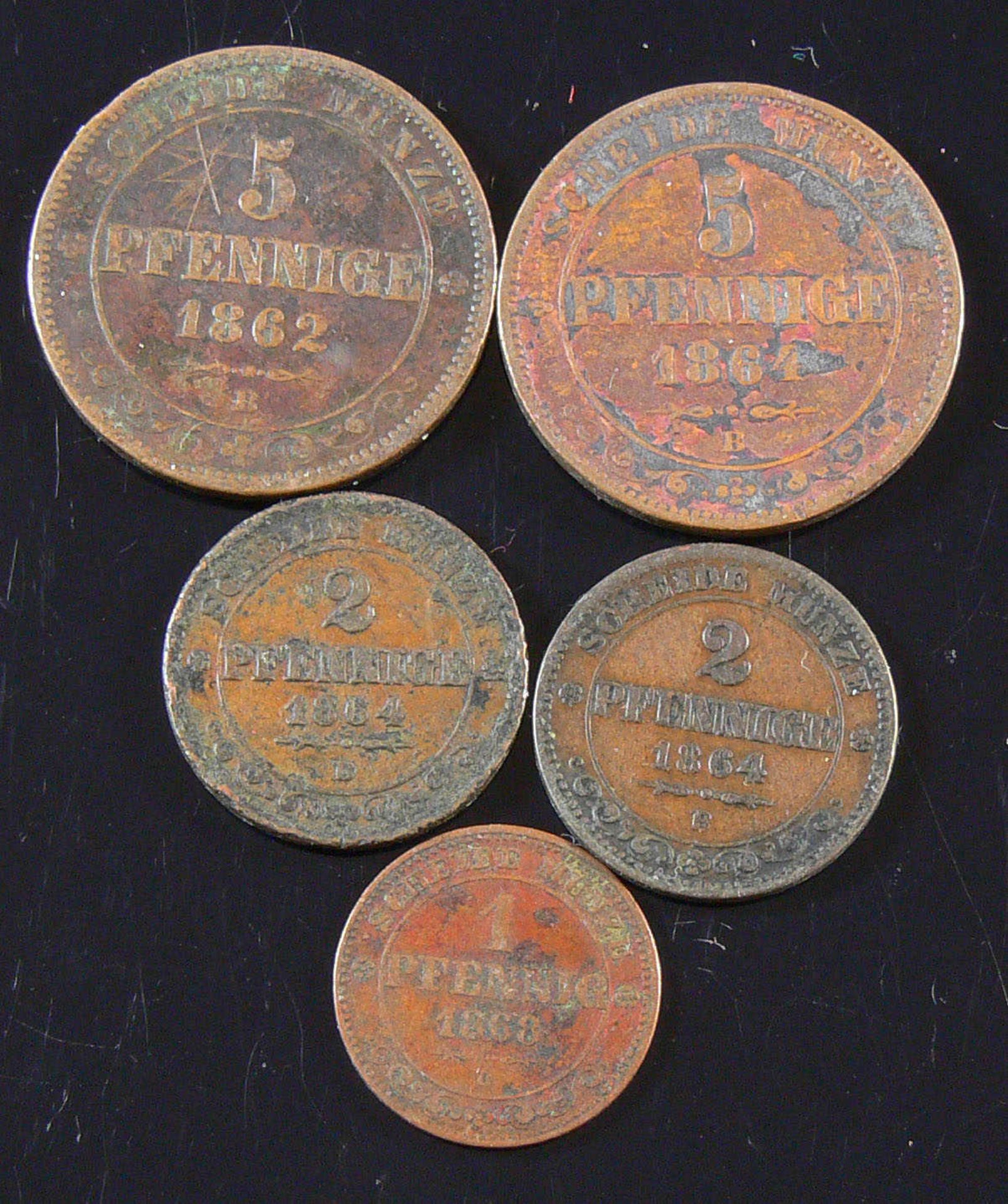 Lot von 5 Münzen, Sachsen 1862 - 1868