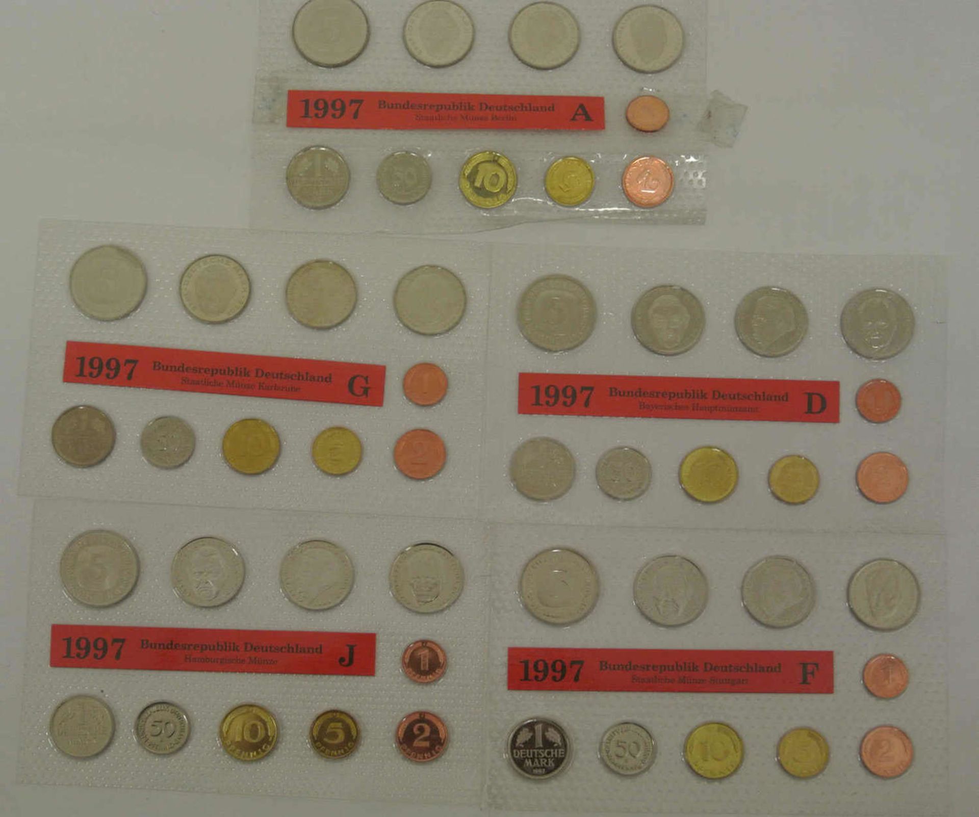 BRD Kursmünzsatz, 1997 A-J, 1 Pfennig - 5 DM, eingeschweißt BRD course coin set, 1997 A-J, 1 Pfennig