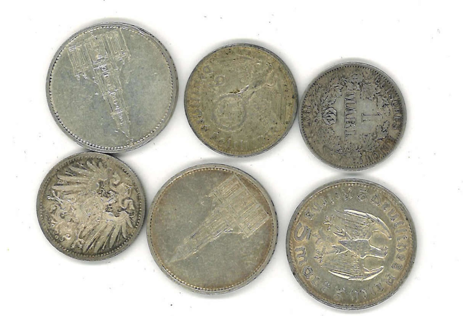 Lot Münzen, Deutsches Reich, dabei 3x 5 Mark, sowie 2x 1 Mark - Bild 2 aus 2