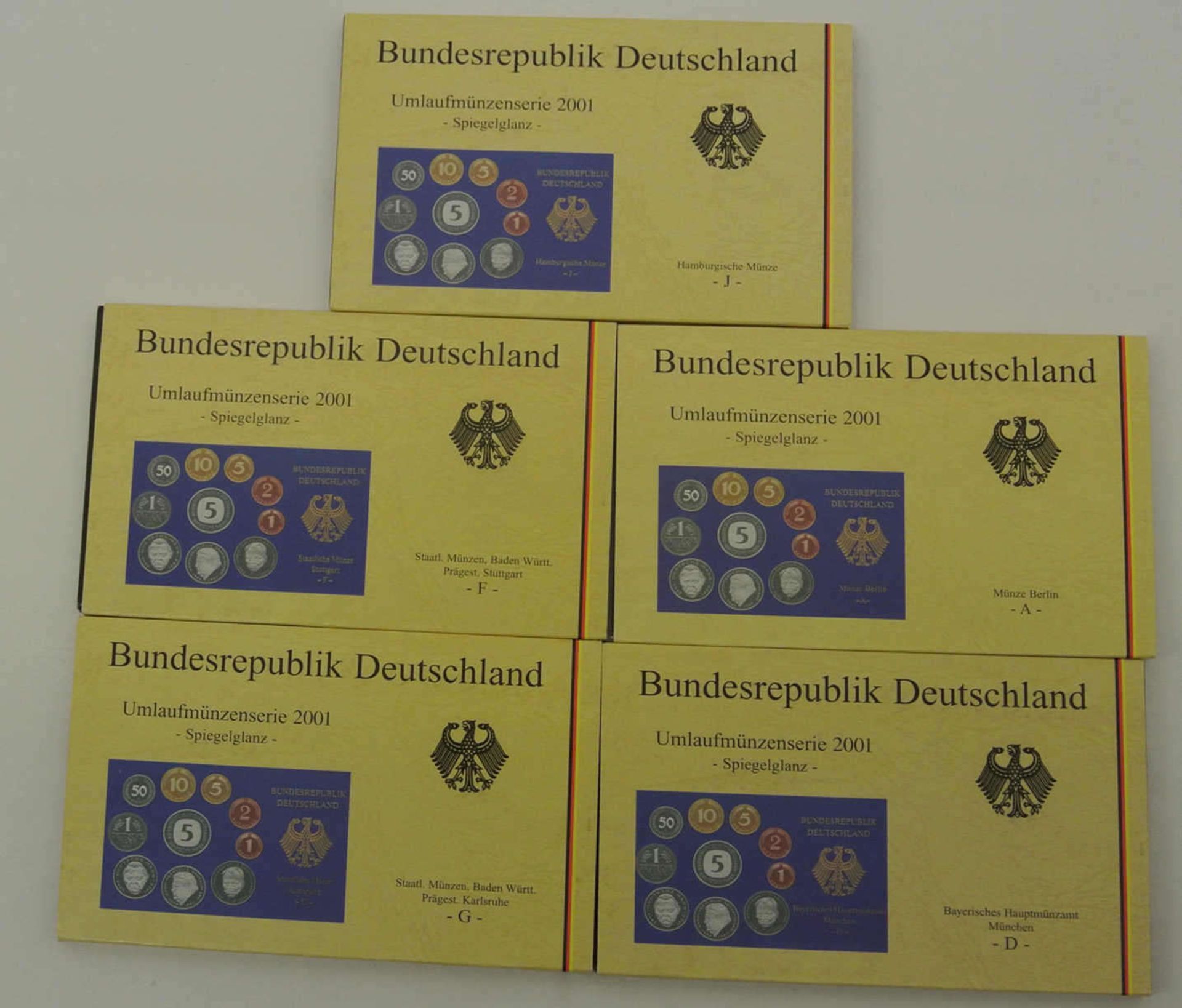 BRD Kursmünzsätze, 2001 A-J, in polierter Platte. 1 Pfennig - 5 DM BRD course coin sets, 2001 A-J,
