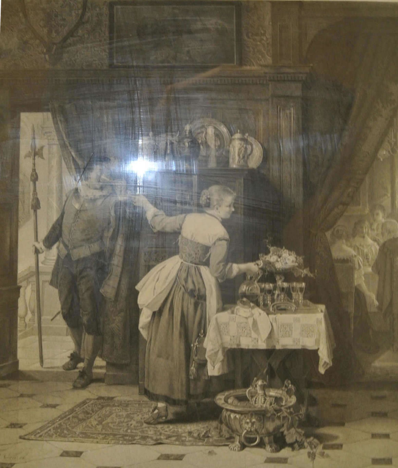 A. Siegert, 1890, alter Druck "Der Liebesdienst", im altem Rahmen, hinter Glas gerahmt. Maße: Höhe - Image 2 of 2