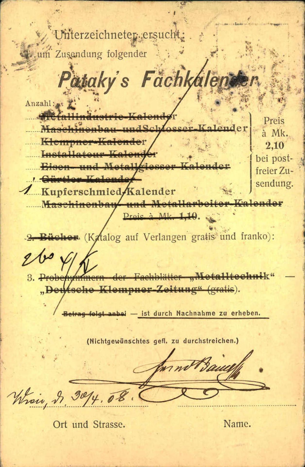 Bücherzettel - Bestellung eines Kupferschmied-Kalenders durch Friedrich Bauer, Kupfer- und - Bild 2 aus 2