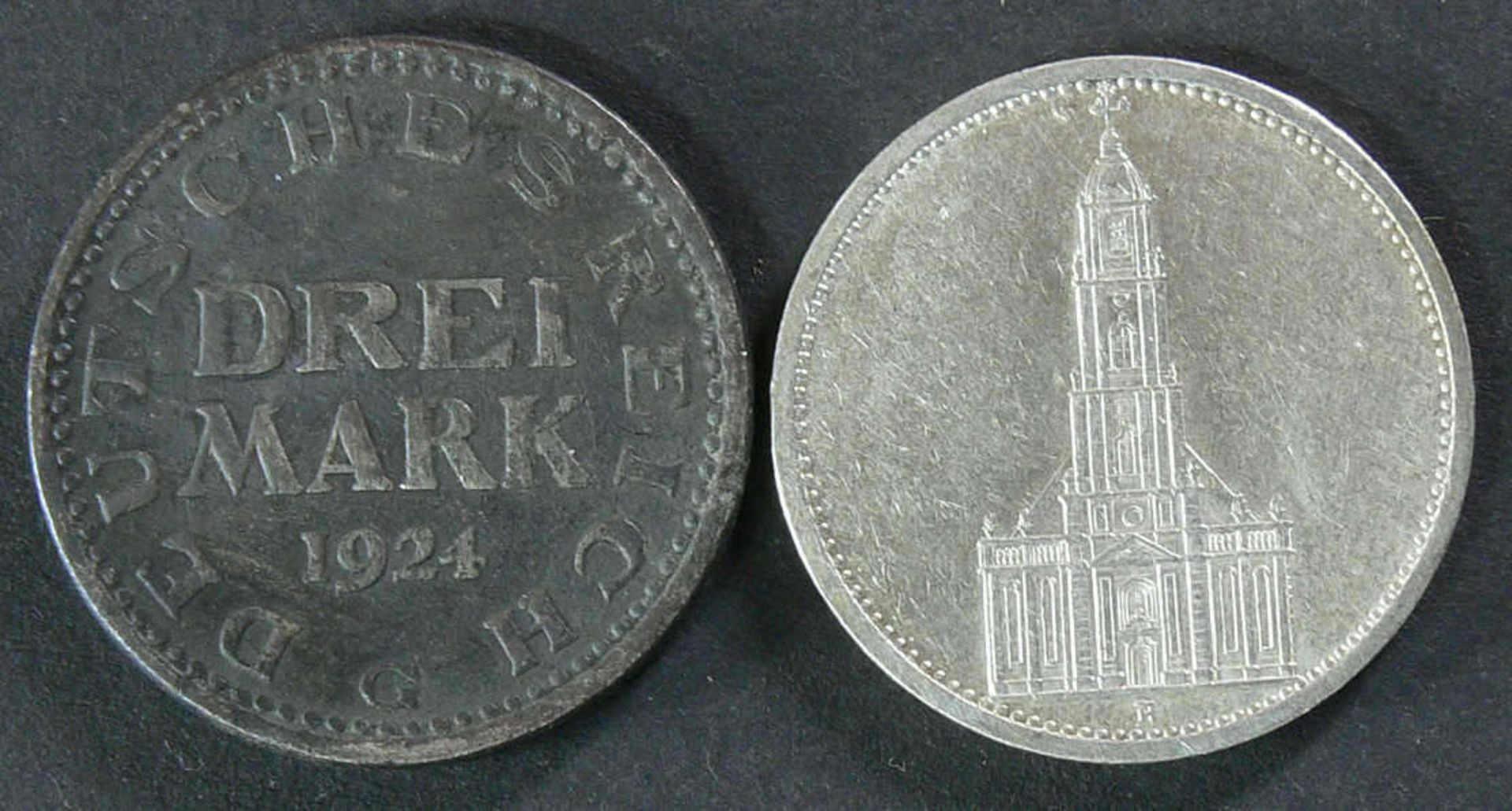 Deutschland 1924/35, 1 x 1924 3 Mark - Silbermünze, Jaeger: 312 und 1 x 1935 5 Mark "