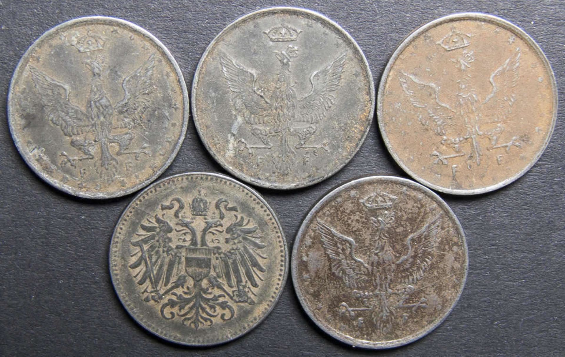 Geplantes Königreich Polen 1916/17, 4 x 1917 10 Fenigow und 1 x 1916 20 Fenigow.