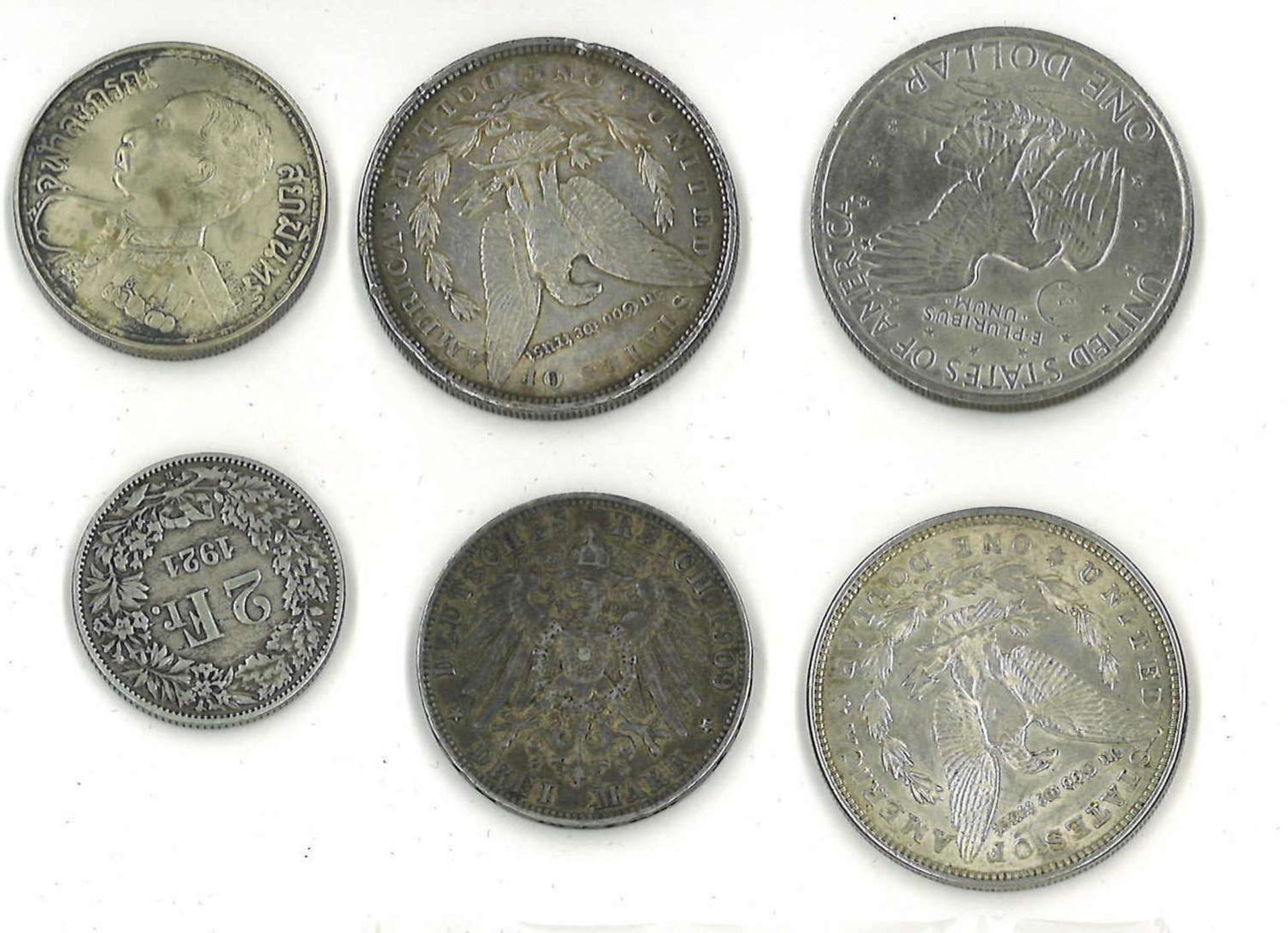 kleines Lot Münzen, dabei Silber, z.Bsp. 1 Dollar 1889, 1 Dollar 1921, 3 Mark Hamburg 1909, etc.