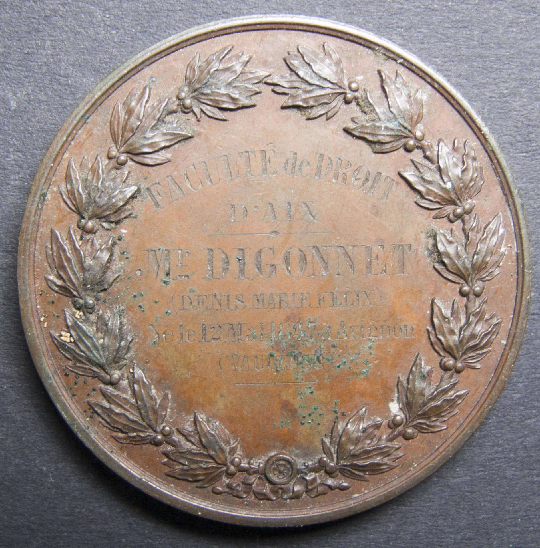 Medaille Licence de Droit francais.1870. Faculte de droit A´Aix. Kupfer.