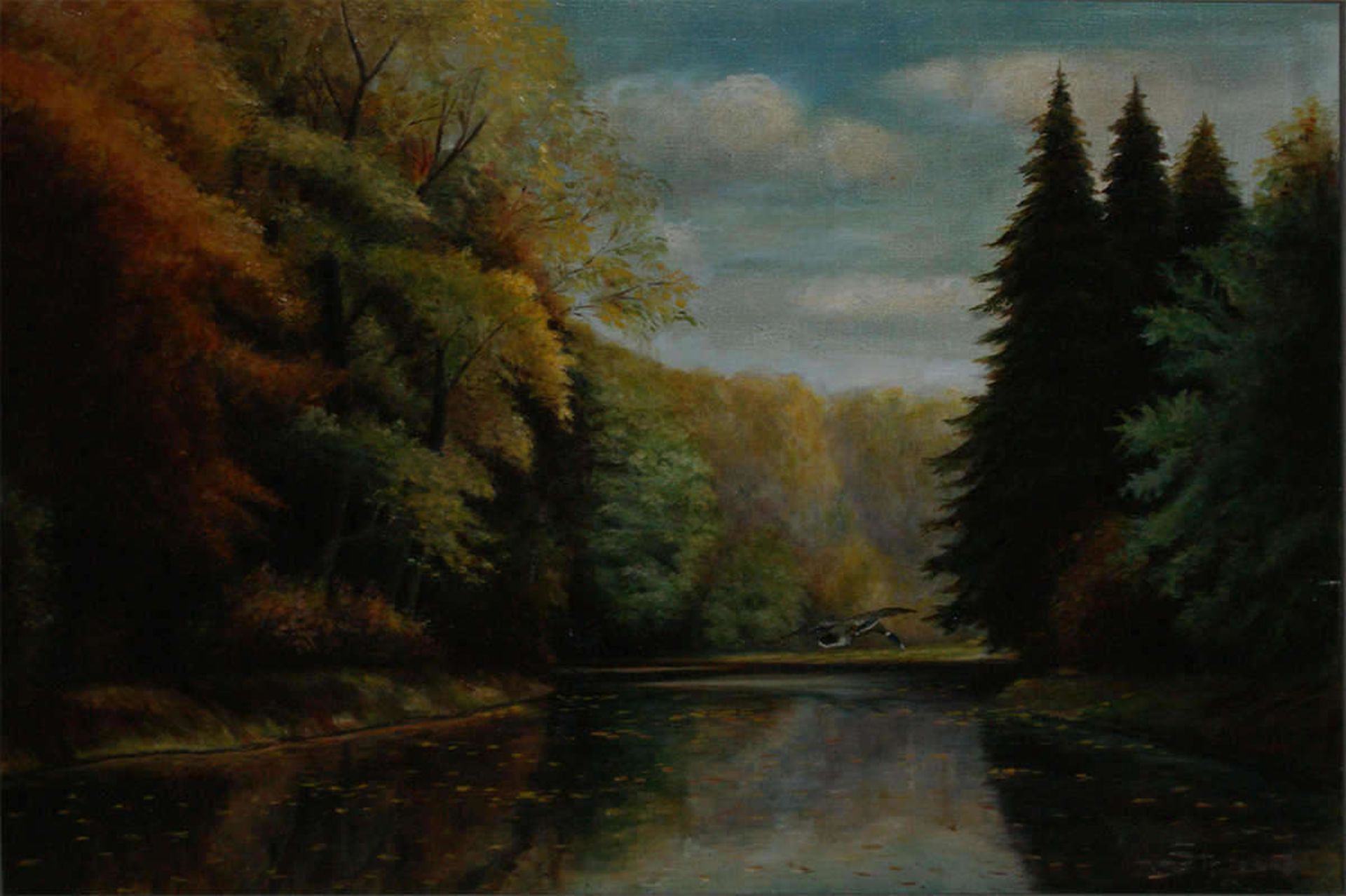 Strauß, Ölgemälde "aufsteigende Ente im Herbstwald". Höhe ca. 37 cm, Breite ca. 31 cm Strauß, oil - Bild 3 aus 3