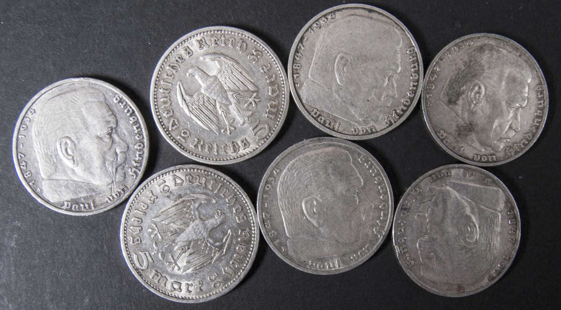 Deutsches Reich 1935-39, Lot 5.- Reichsmark - Silbermünzen "Hindenburg", bestehend aus 3 x 1935, 3 x