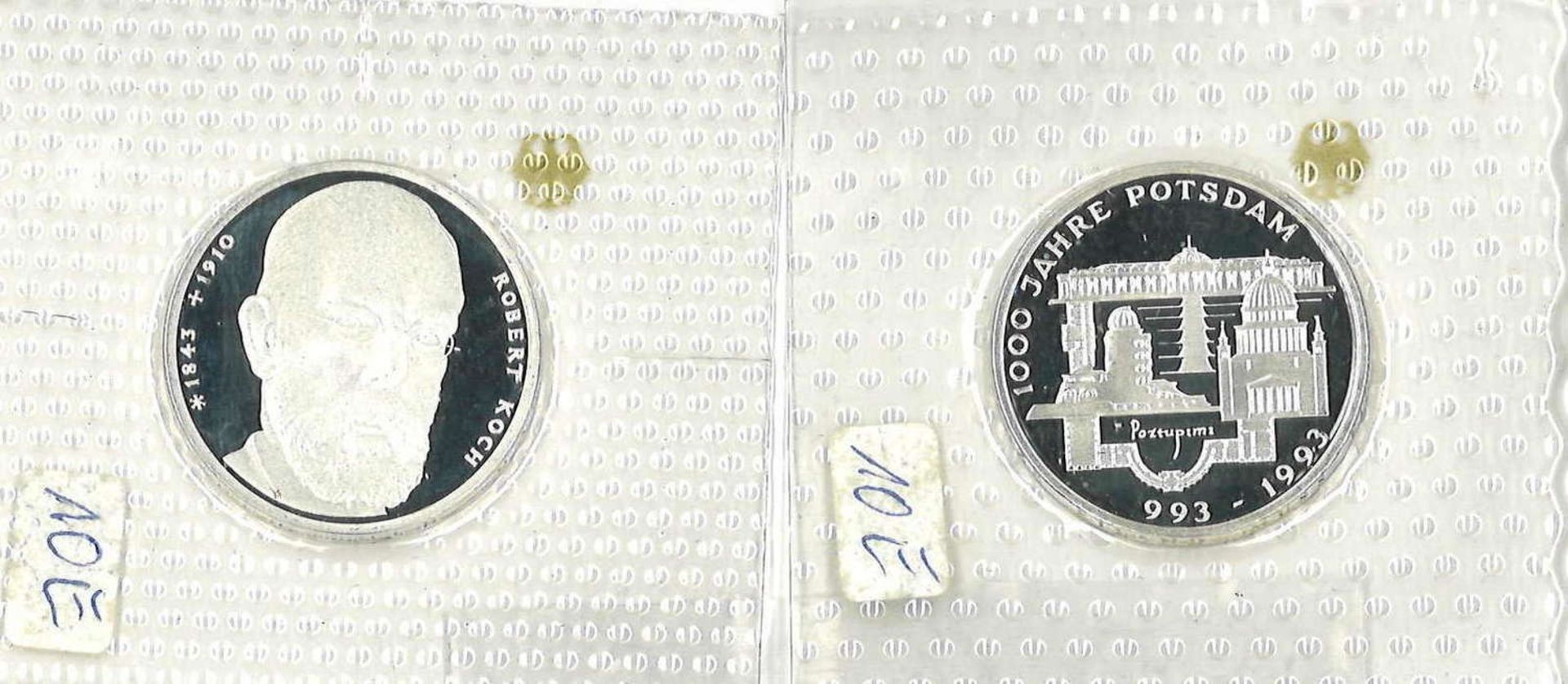 BRD 1993, 2 x 10.- DM - Silbermünzen "Robert Koch" und "1000 Jahre Potsdam". Jaeger: 455 und 456. In