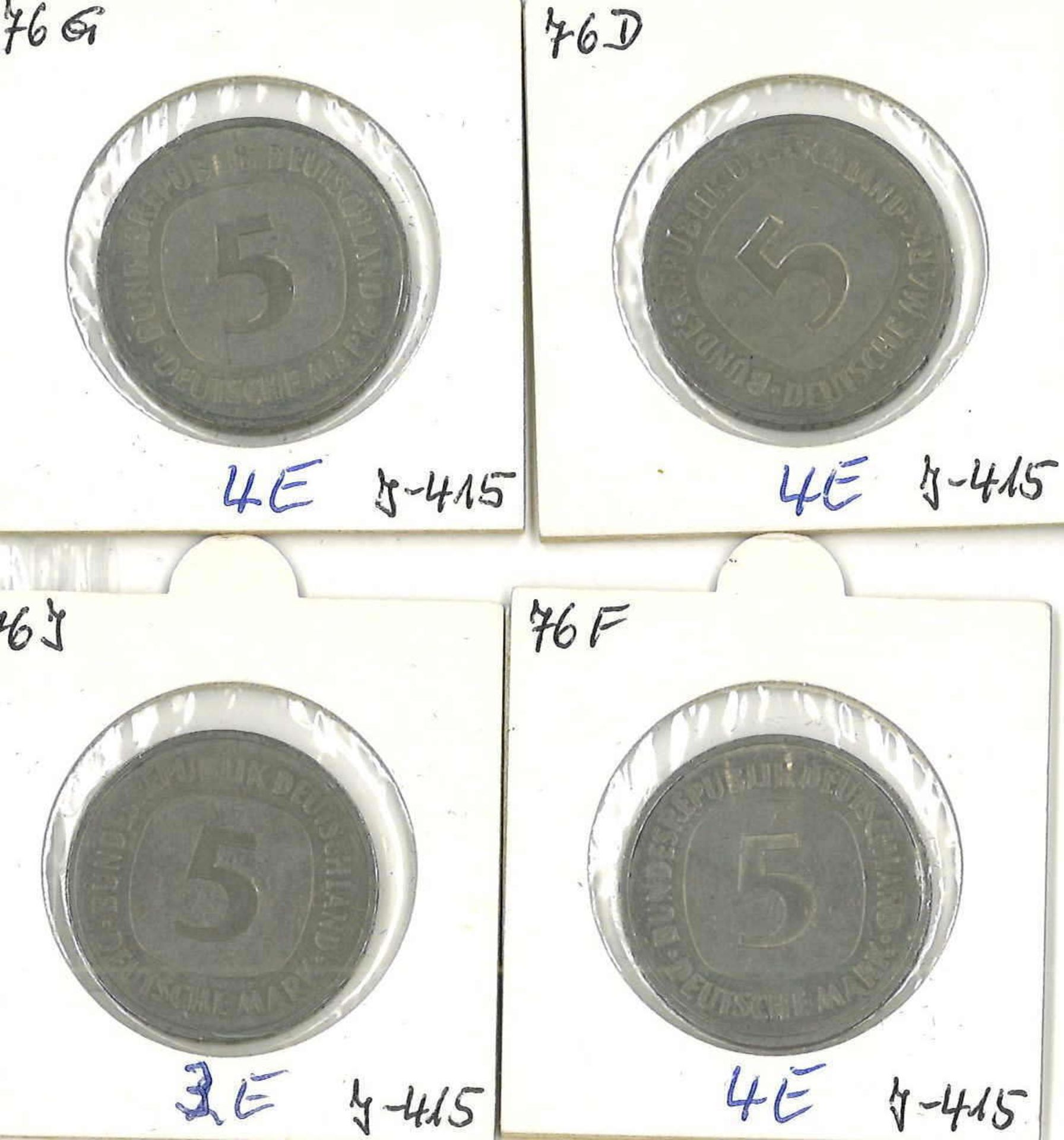 BRD 1976, 4 x 5.- DM - Münzen der Prägestätten D, F, G und J . Jaeger: 415. In Schutzhülle.