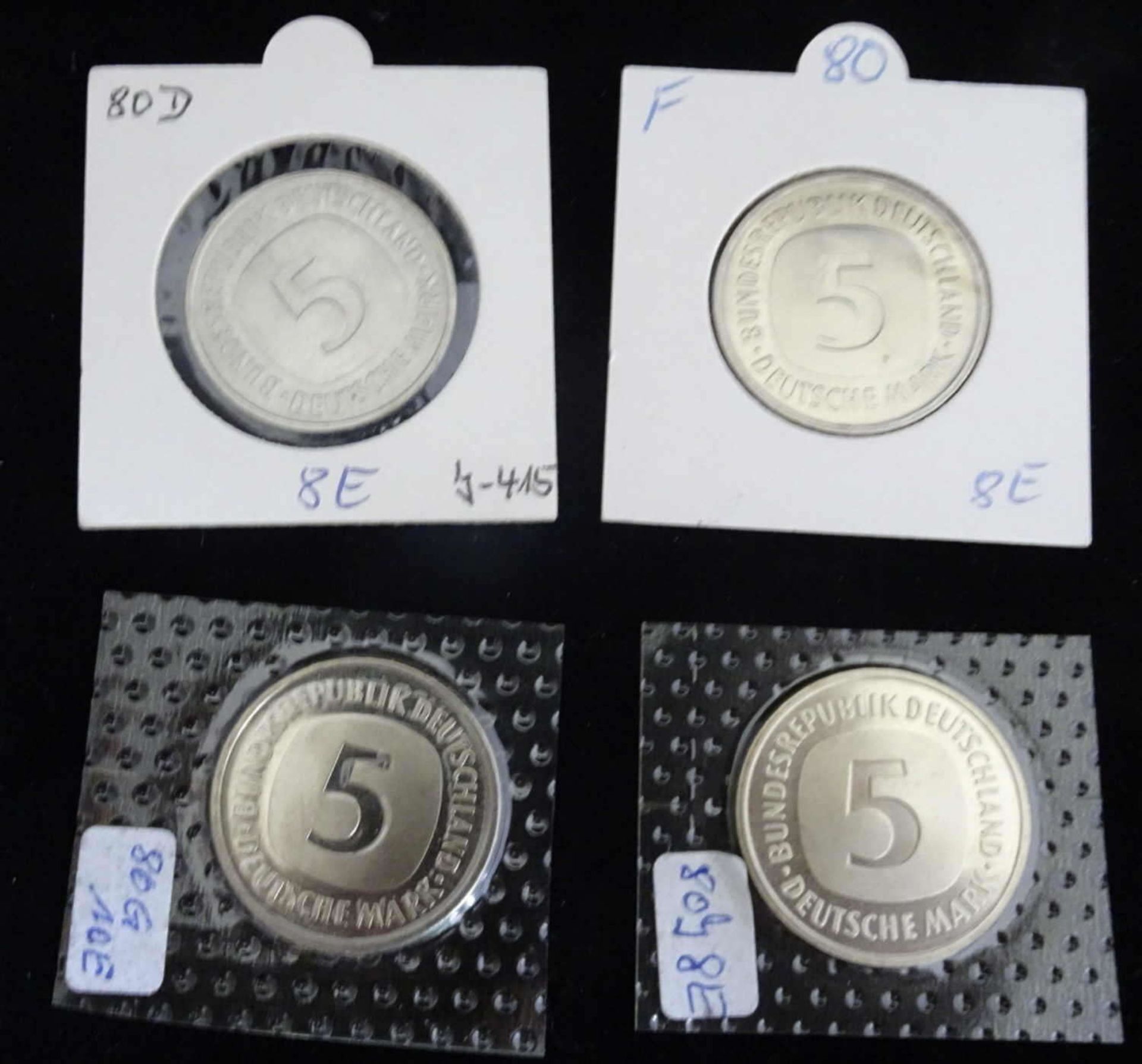 BRD 1980, 4 x 5.- DM - Münzen der Prägestätten D, F, G und J . Jaeger: 415. In Schutzhülle.