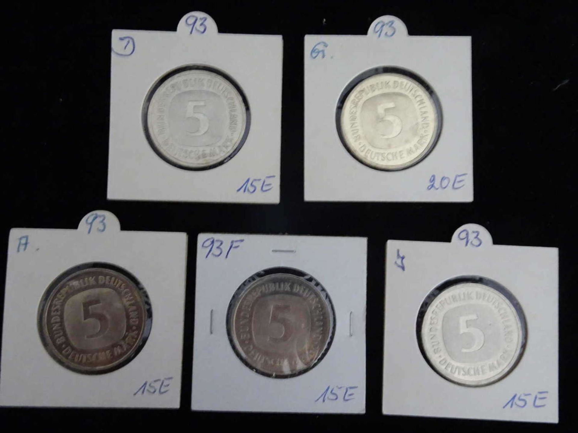 BRD 1993, 5 x 5.- DM - Münzen der Prägestätten A, D, F, G und J . Jaeger: 415. In Schutzhülle.