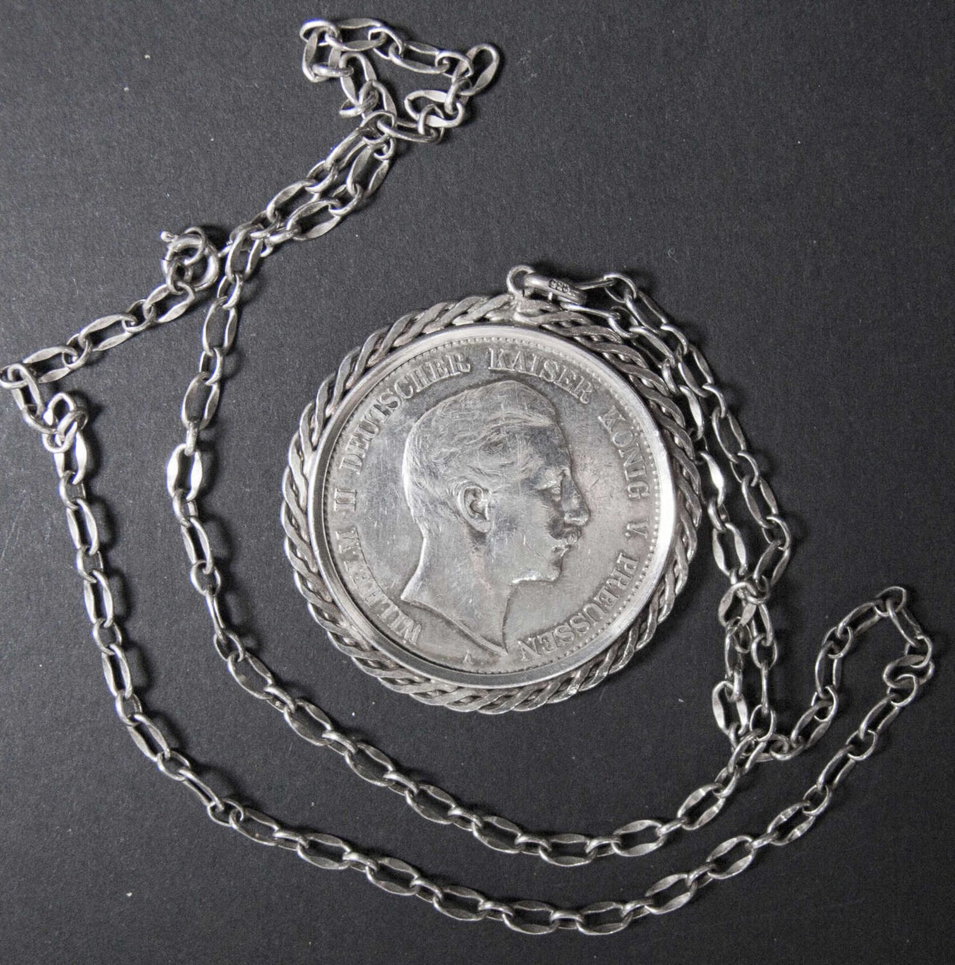 Deutsches Reich 1907, 5.- Mark - Silbermünze "Wilhelm II" als Anhänger gefasst. 835er
