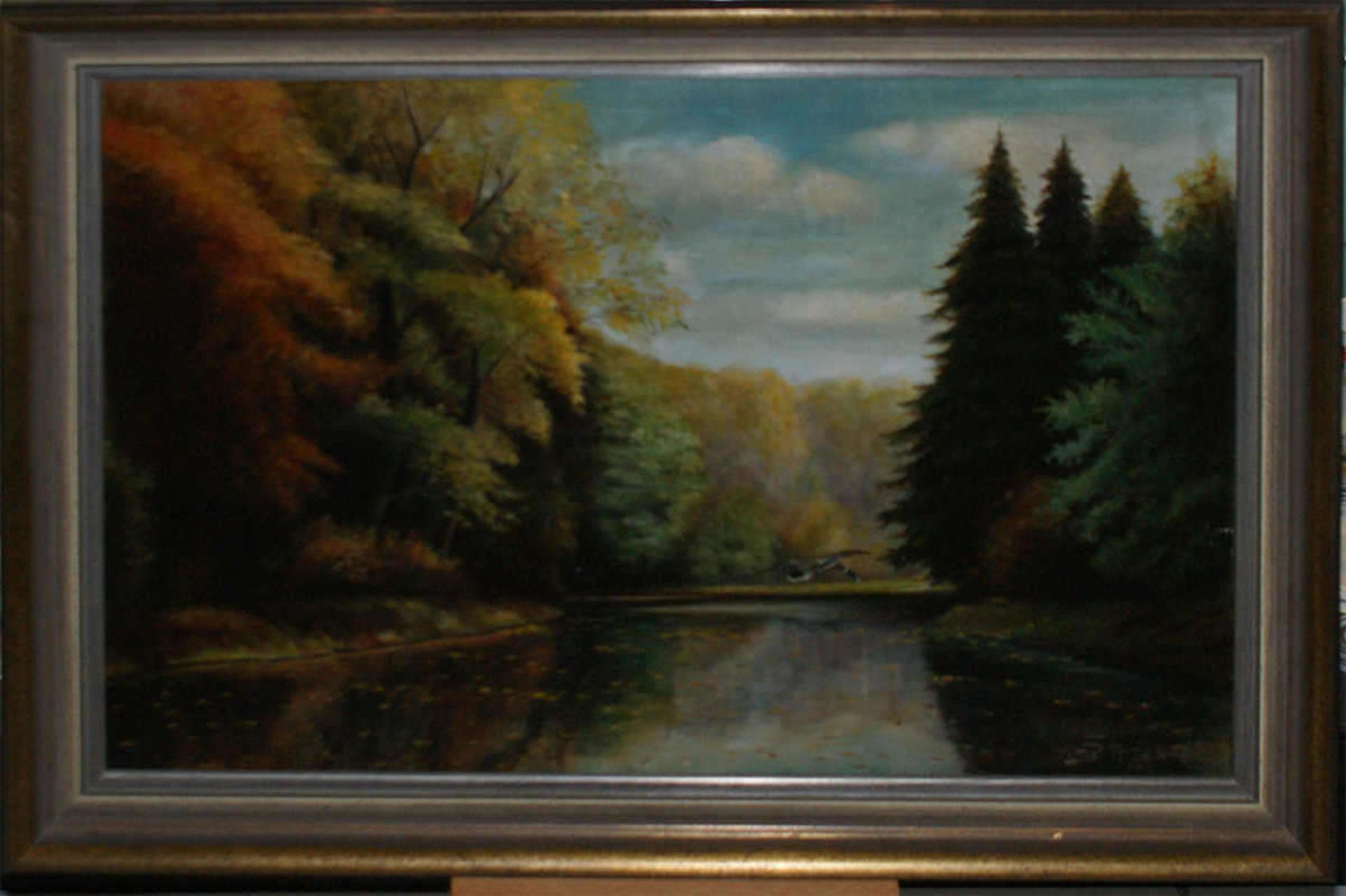 Strauß, Ölgemälde "aufsteigende Ente im Herbstwald". Höhe ca. 37 cm, Breite ca. 31 cm Strauß, oil