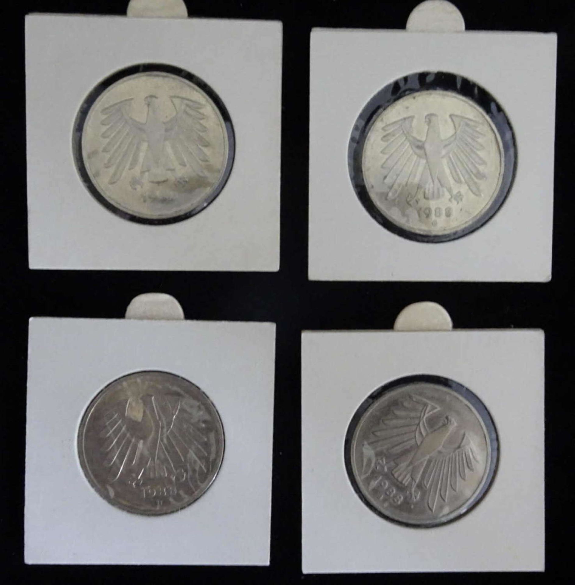 BRD 1988, 4 x 5.- DM - Münzen der Prägestätten D, F, G und J . Jaeger: 415. In Schutzhülle.