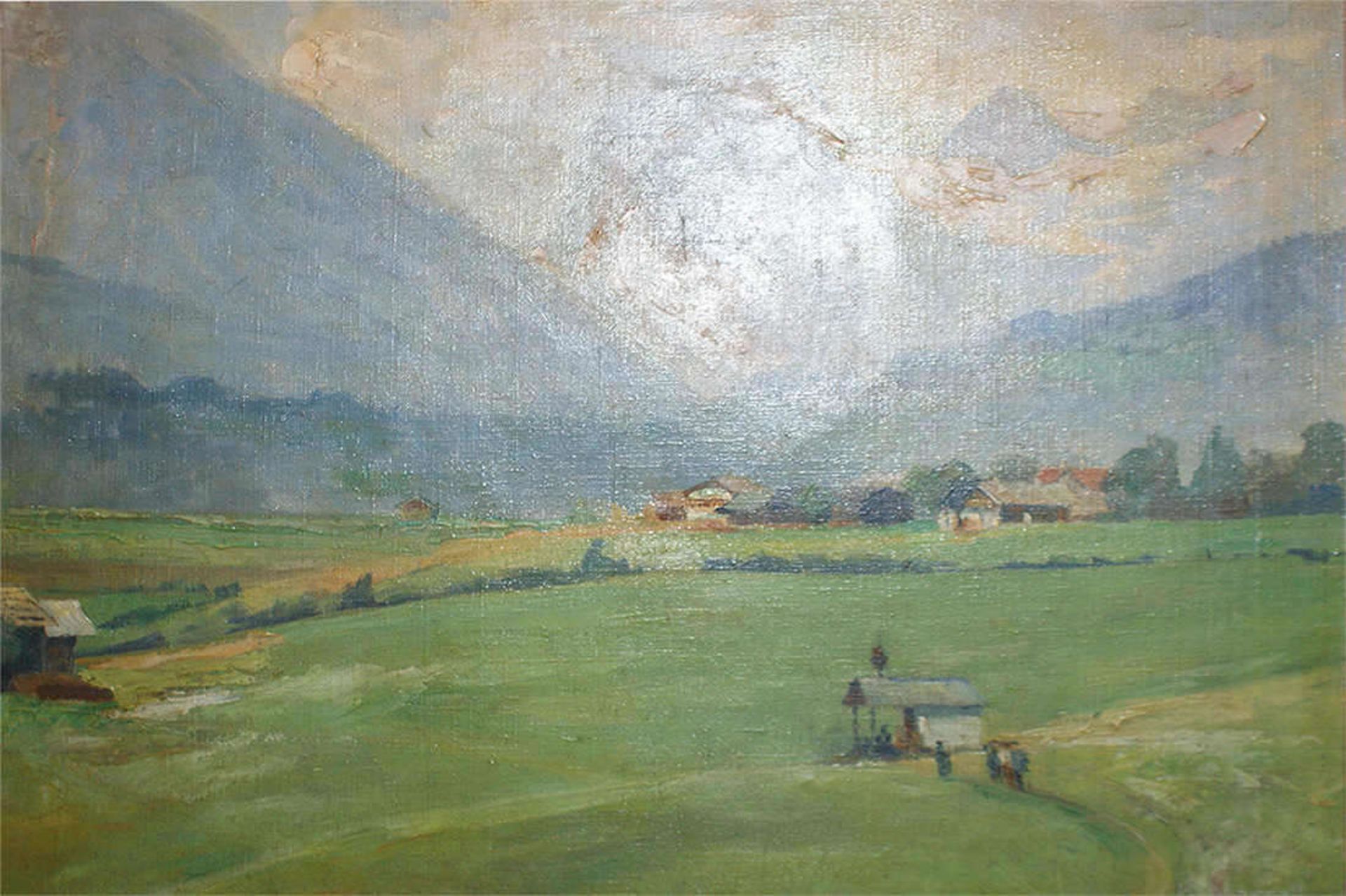 Karl Mergell (1870-1944), Ölgemälde auf Leinwand, "Kleine Kapelle mit Personen vor einer Bergkulisse - Bild 3 aus 3