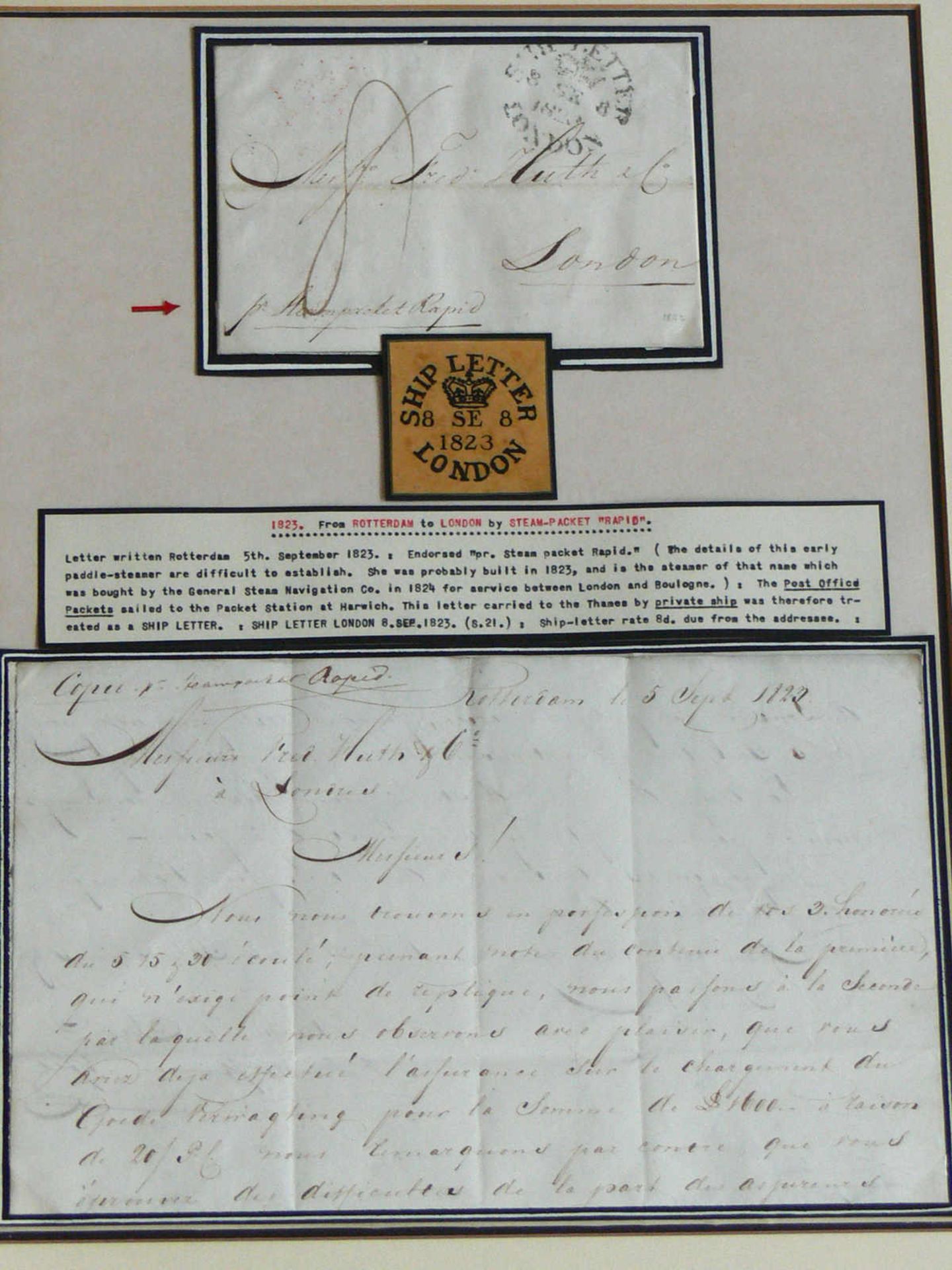 Seltener Ship-Letter 1823 London.Frühe Beförderung. Sehr guter Zustand, hinter Glas gerahmt. Rare