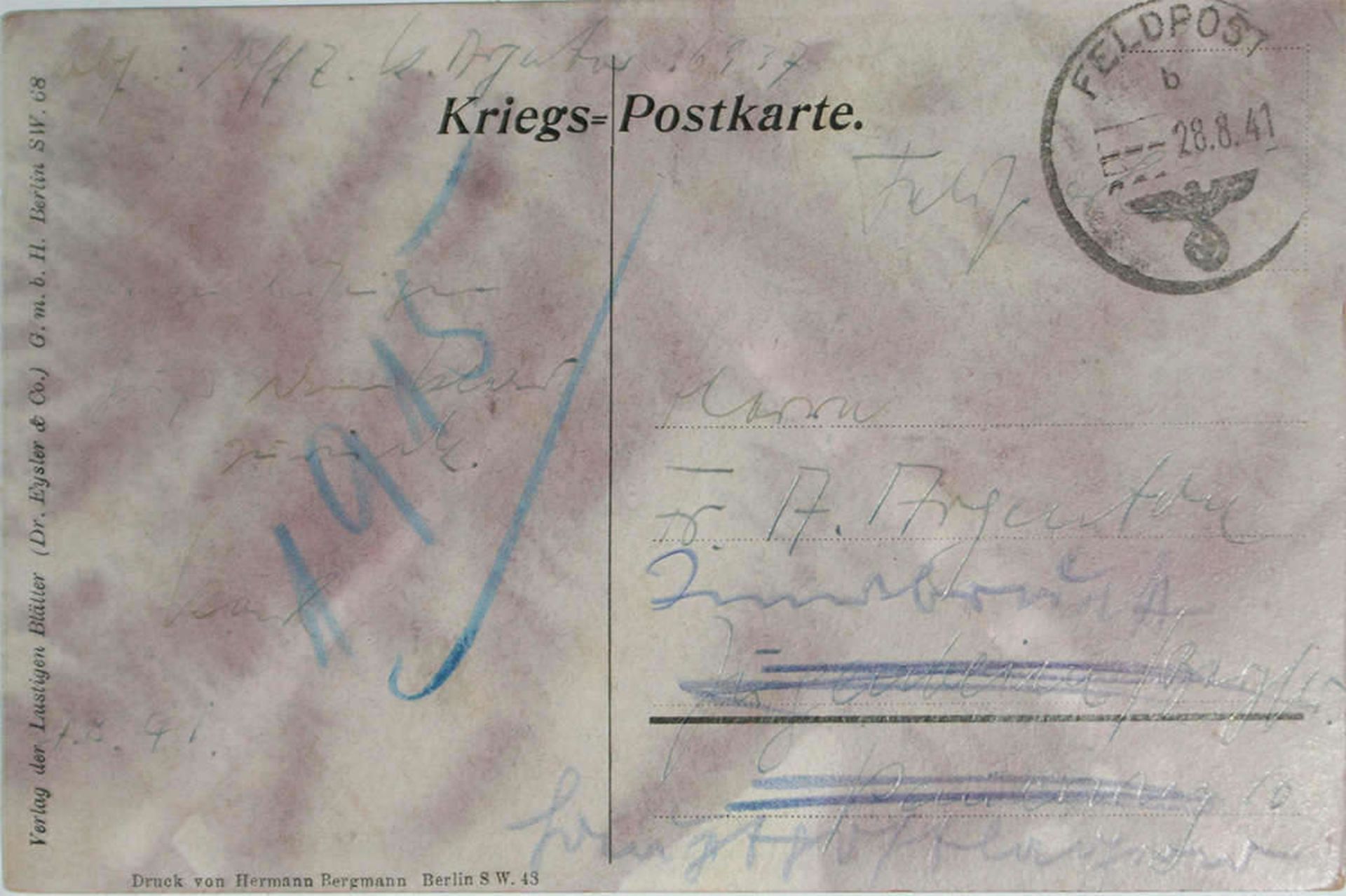 Kriegspostkarte, aus den lustigen Blättern, hier Postkarte Nr. 11 "Beim Dreschen". - Bild 2 aus 2