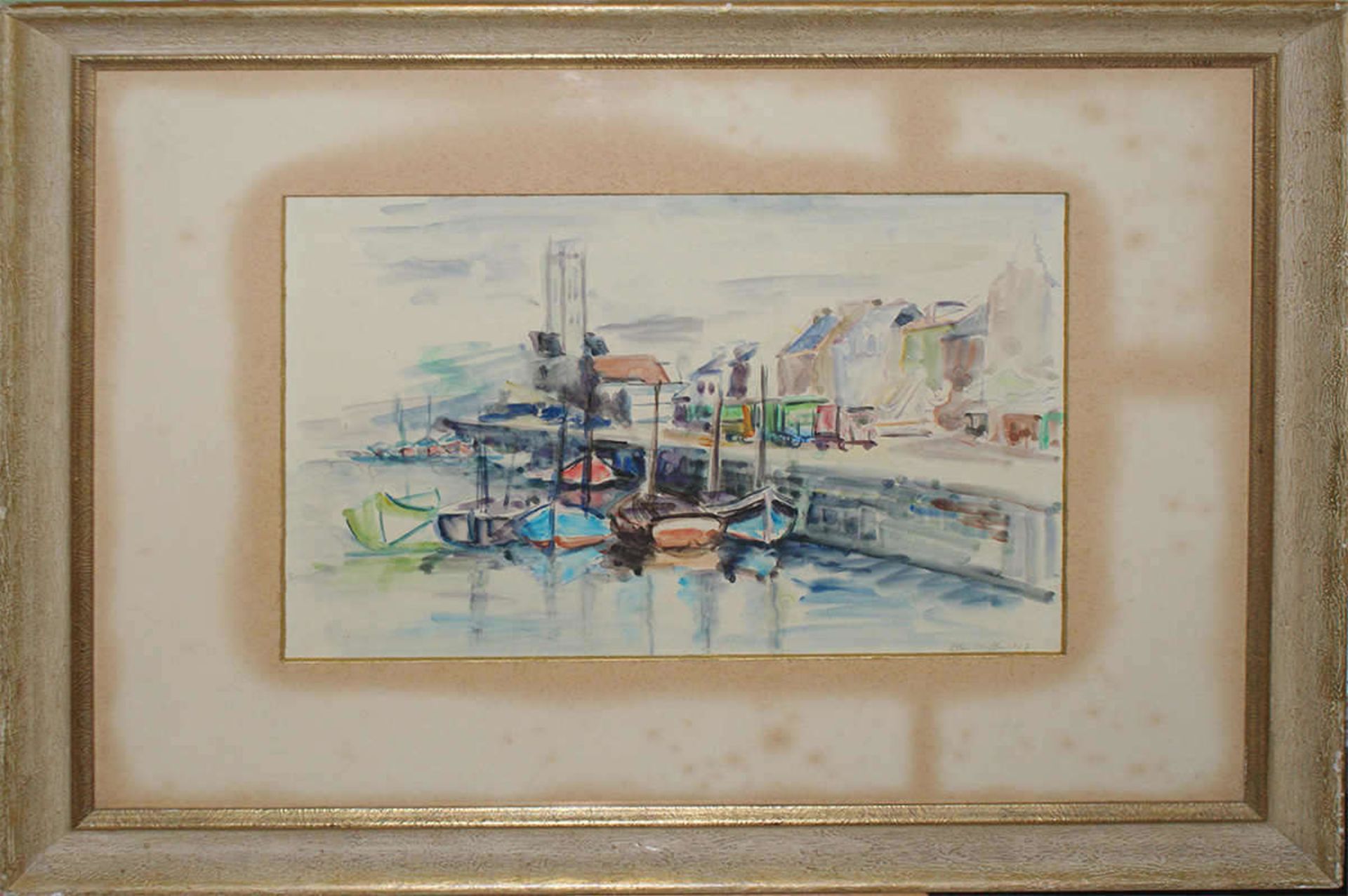 Ellen Kuffer, Aquarell auf Papier "Am Hafen", rechts unten Signatur Ellen Kuffer 1947, hinter Glas