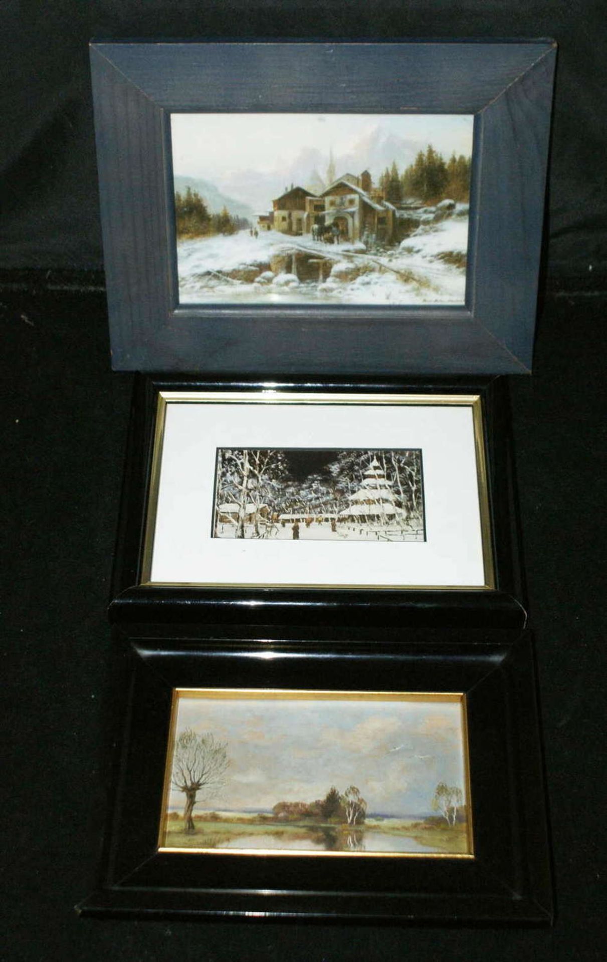Konvolut 3 kleine Bilder, dabei 2 Drucke und 1 Ölgemälde "Herbstlandschaft mit Weidenbaum", dieses